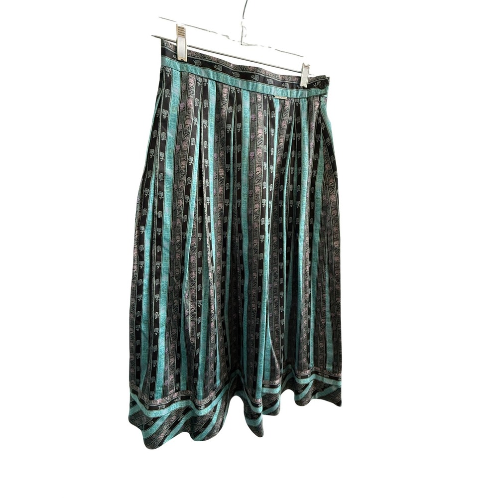 VTG‎ Geiger Teal Black Floral Striped Pleated Cotton Dirndl Skirt Size 40 - Picture 2 of 9